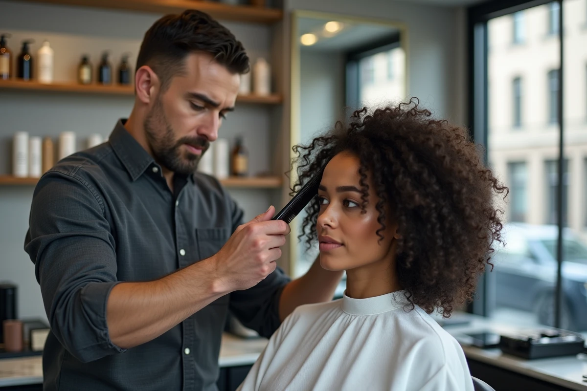 Coiffeur professionnel travaillant sur les boucles d'une cliente dans un salon moderne et élégant