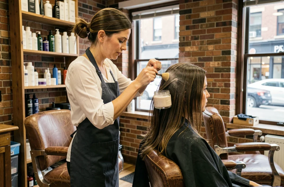 Coiffeuse professionnelle appliquant du gel en poudre sur le brushing d'une cliente dans un salon de coiffure moderne