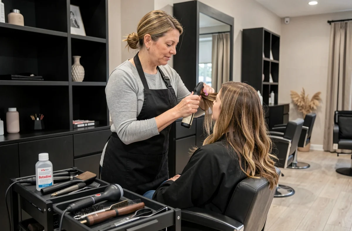 Coiffeuse professionnelle appliquant une coloration capillaire en salon avec de la Bétadine visible sur le chariot