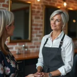 Coiffeuse aux cheveux gris naturels conseillant une cliente en transition capillaire dans un salon vintage