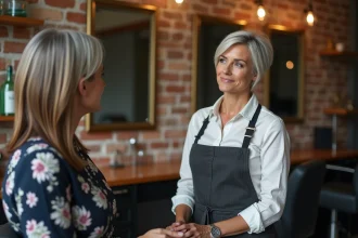 Coiffeuse aux cheveux gris naturels conseillant une cliente en transition capillaire dans un salon vintage