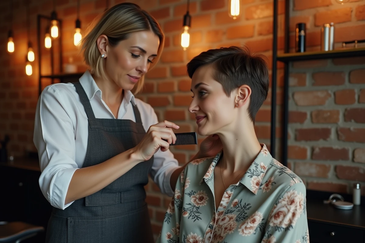 Coiffeuse professionnelle expliquant la repousse d'une coupe courte permanente à sa cliente en salon