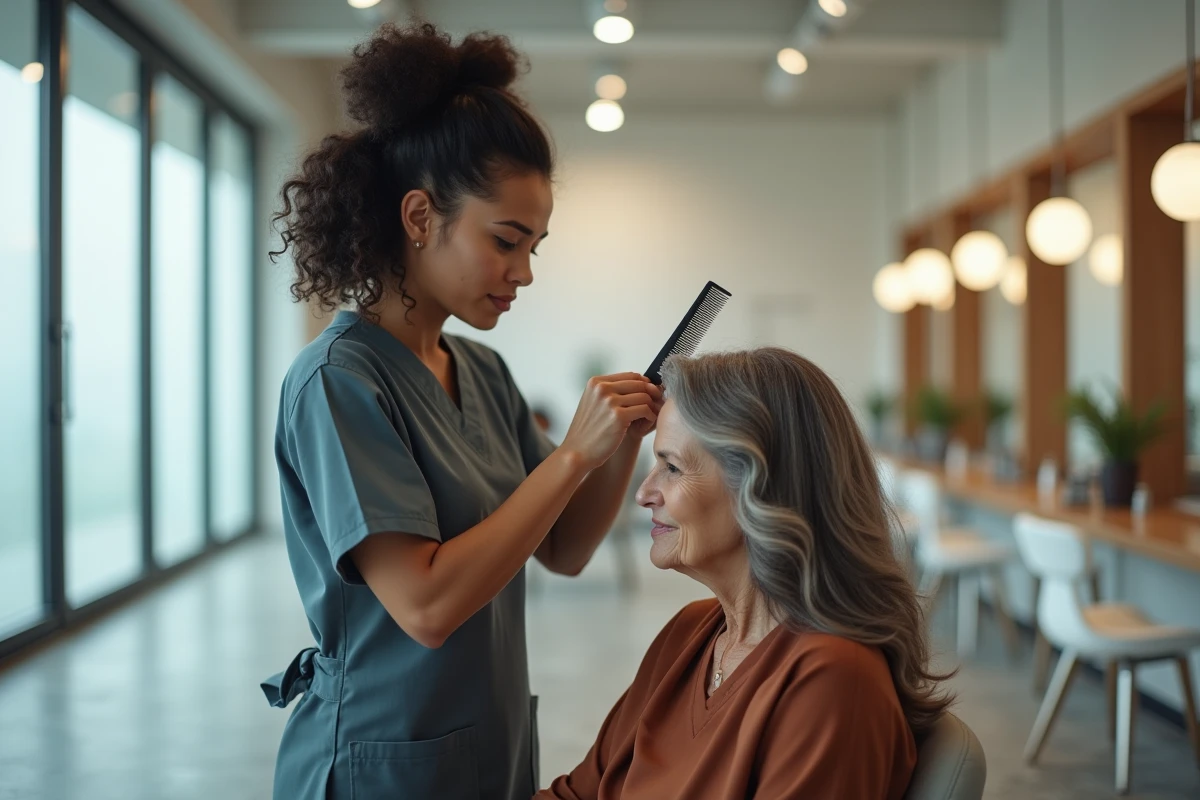 Coiffeuse peignant délicatement les cheveux en transition gris d'une cliente dans un salon minimaliste