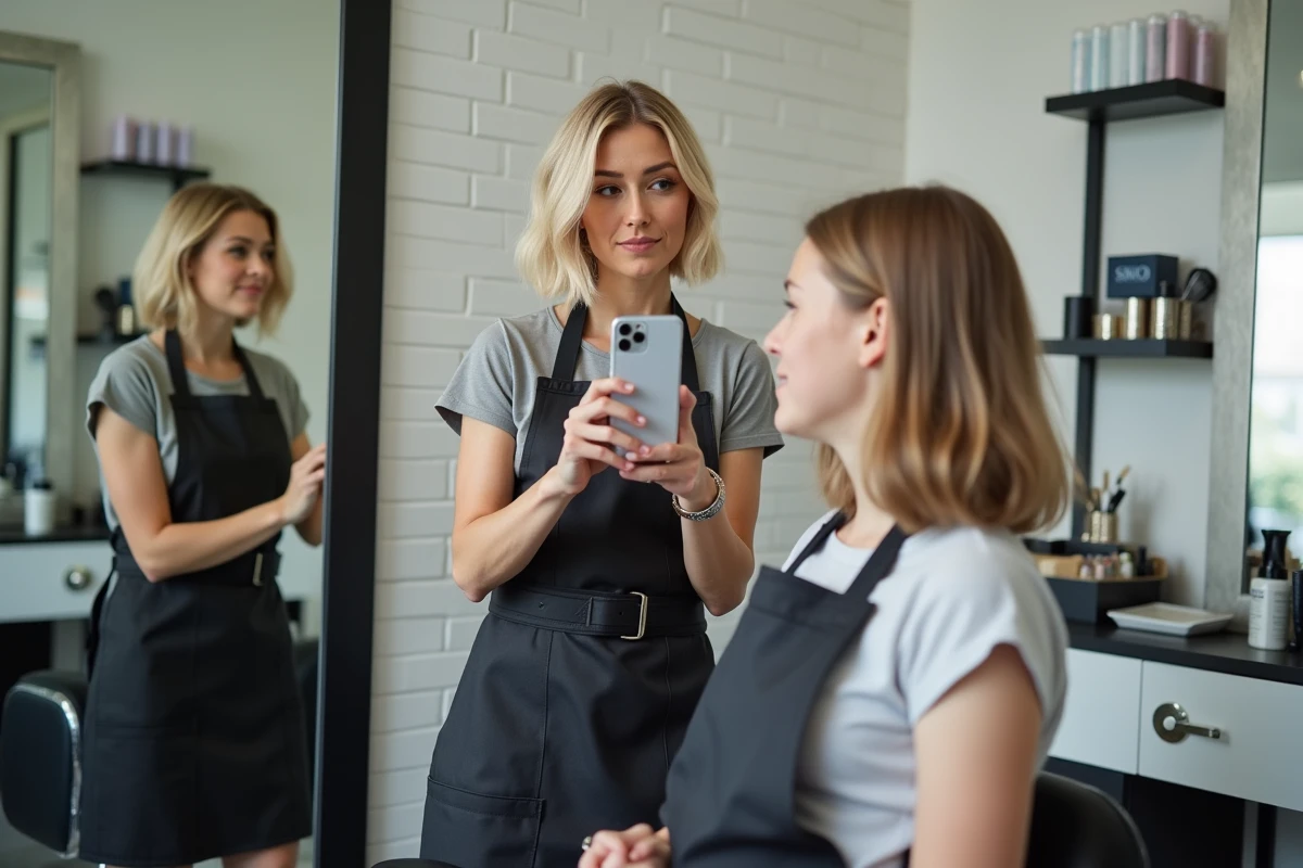 Coiffeuse montrant un simulateur de coupe de cheveux à une adolescente dans un salon