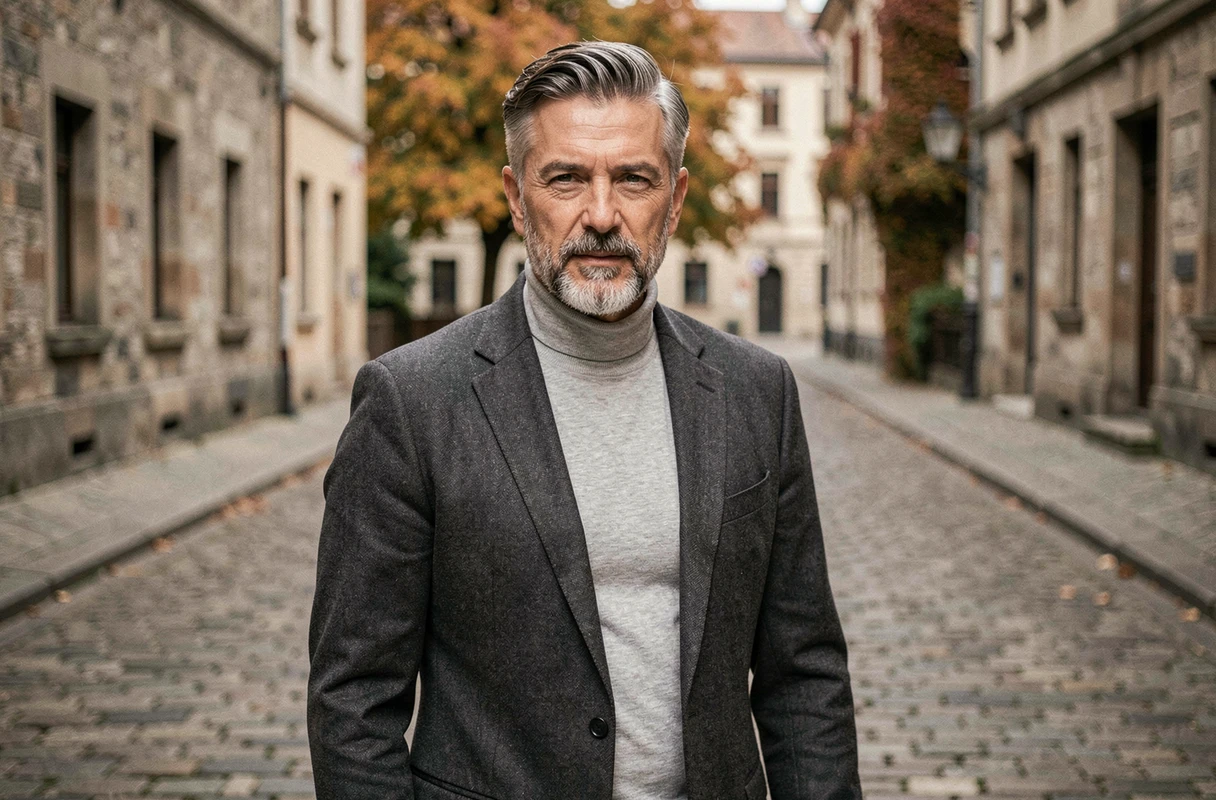 Homme d'âge mûr aux cheveux fins grisonnants coiffés avec une raie classique et une barbe poivre et sel dans une rue pavée européenne