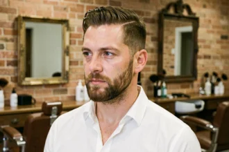 Homme aux cheveux fins avec une coupe courte texturée et une barbe de trois jours soignée dans un salon de barbier urbain