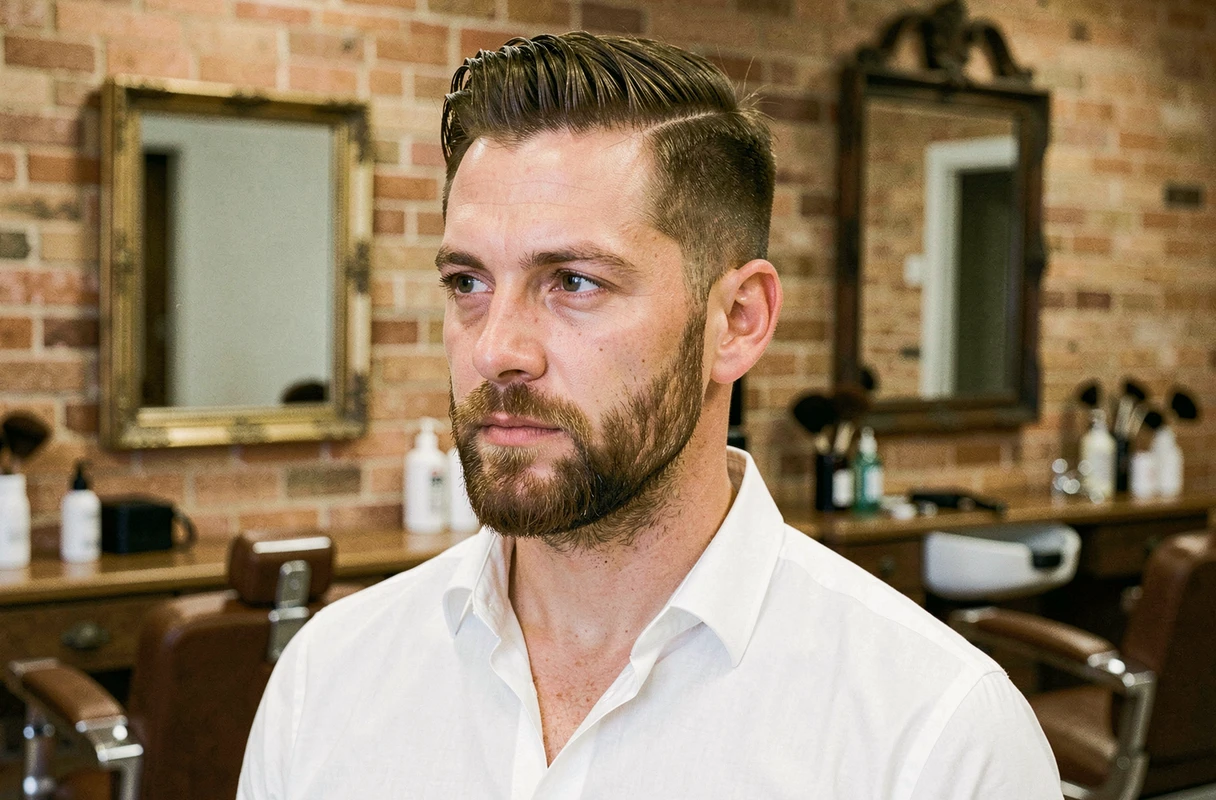 Homme aux cheveux fins avec une coupe courte texturée et une barbe de trois jours soignée dans un salon de barbier urbain