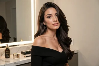 Femme aux cheveux bruns lissés et volumineux avec du gel en poudre, en robe noire élégante devant un miroir de coiffeuse