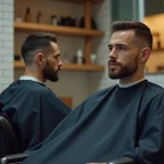 Homme aux cheveux taper fade assis dans un fauteuil de barbier moderne, coiffure dégradée soignée