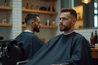 Homme aux cheveux taper fade assis dans un fauteuil de barbier moderne, coiffure dégradée soignée
