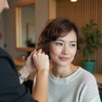 Femme avec coupe texturée dans un salon moderne