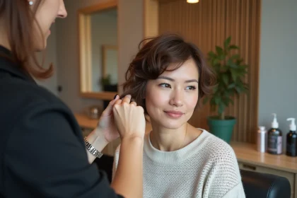 Femme avec coupe texturée dans un salon moderne