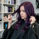 Femme aux cheveux violine foncé assise dans un fauteuil de salon de coiffure, examinant sa coloration récente