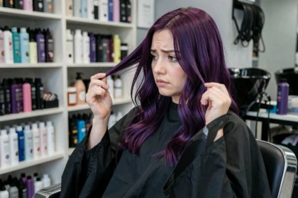 Femme aux cheveux violine foncé assise dans un fauteuil de salon de coiffure, examinant sa coloration récente