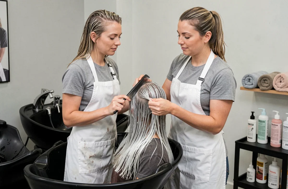 Coloriste professionnelle appliquant une patine sur cheveux blonds argentés d'une cliente en salon de coiffure