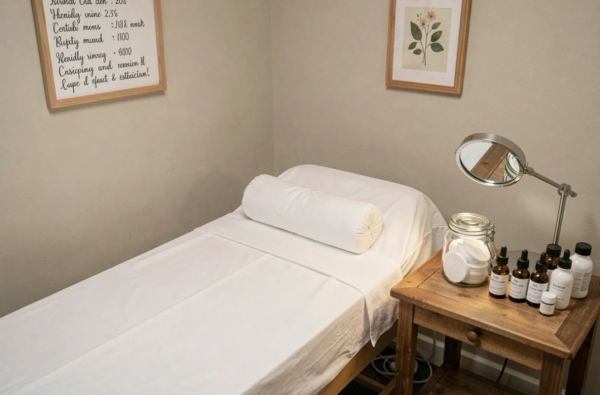 Cabine de soin propre et accueillante d'une esthéticienne indépendante avec table de soins du visage et sérumsà La Valette-du-Var