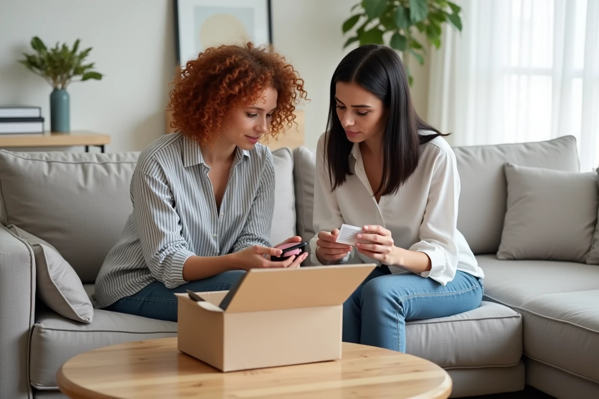 Deux amies comparant les produits d'une box beauté par abonnement installées sur un canapé dans un salon de style scandinave