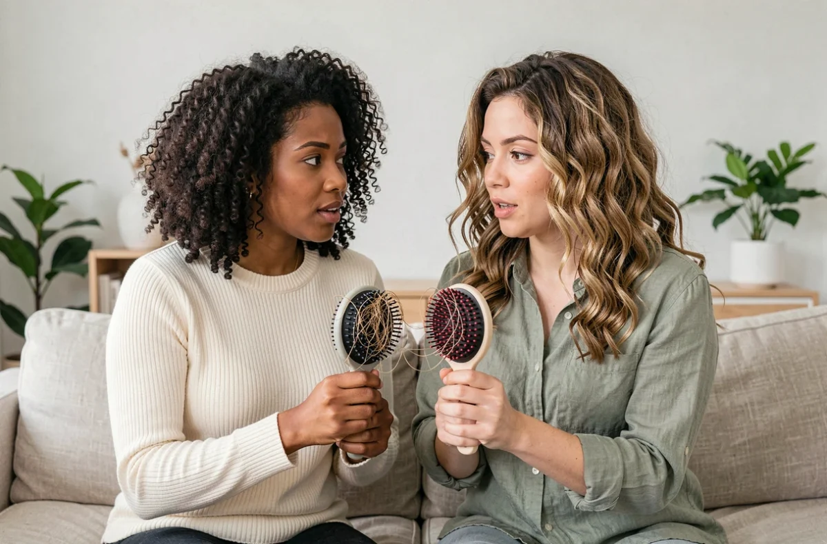 Deux femmes aux types de cheveux bouclés différents comparant des brosses massantes sur un canapé, illustrant les erreurs courantes selon le type de boucle