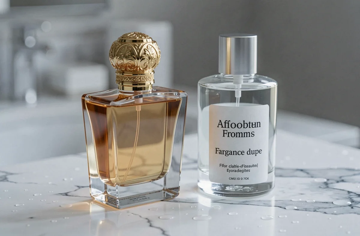 Comparaison côte à côte d'un parfum de luxe et d'un fargance sur un marbre blanc