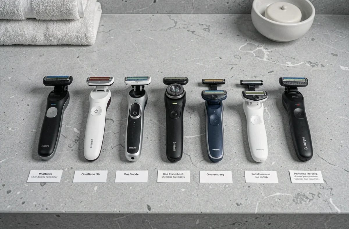 Comparaison à plat de plusieurs manches et têtes de rasoir Philips OneBlade dont le modèle 360 sur un comptoir de salle de bain