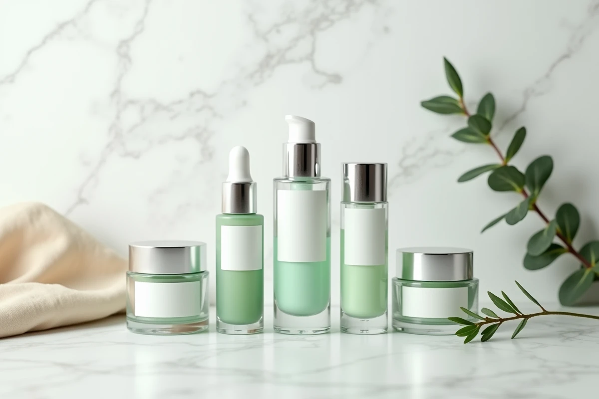 Comparatif de produits de soin du visage abordables alternatives à Filorga posés sur marbre blanc
