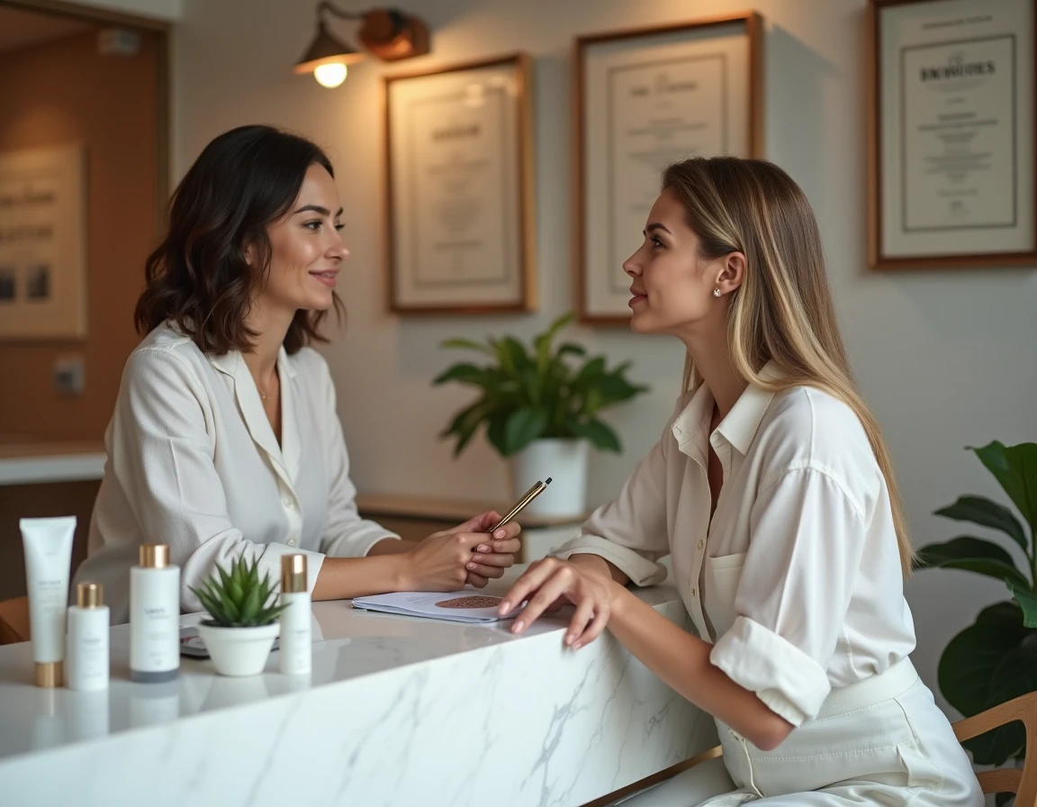Consultation beauté personnalisée au comptoir d'un institut de beauté à Paris entre une cliente et une esthéticienne