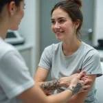 Femme en consultation de détatouage laser dans un centre spécialisé à Paris, examinant un tatouage estompé sur son avant-bras avec soulagement