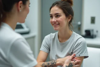 Femme en consultation de détatouage laser dans un centre spécialisé à Paris, examinant un tatouage estompé sur son avant-bras avec soulagement