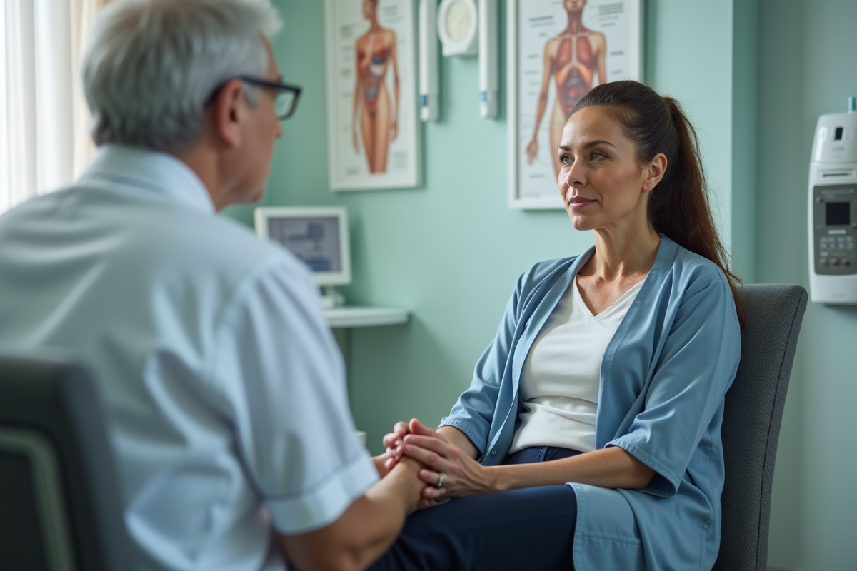 Femme d'âge moyen en consultation médicale rassurante