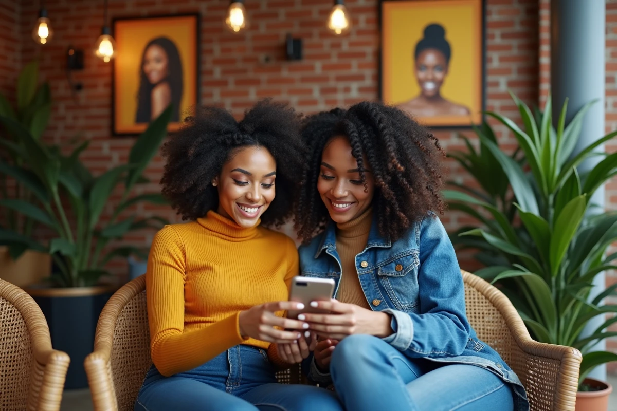 Deux femmes dans un salon de coiffure afro discutant d'une coiffure tressée à partir d'une photo de référence sur smartphone