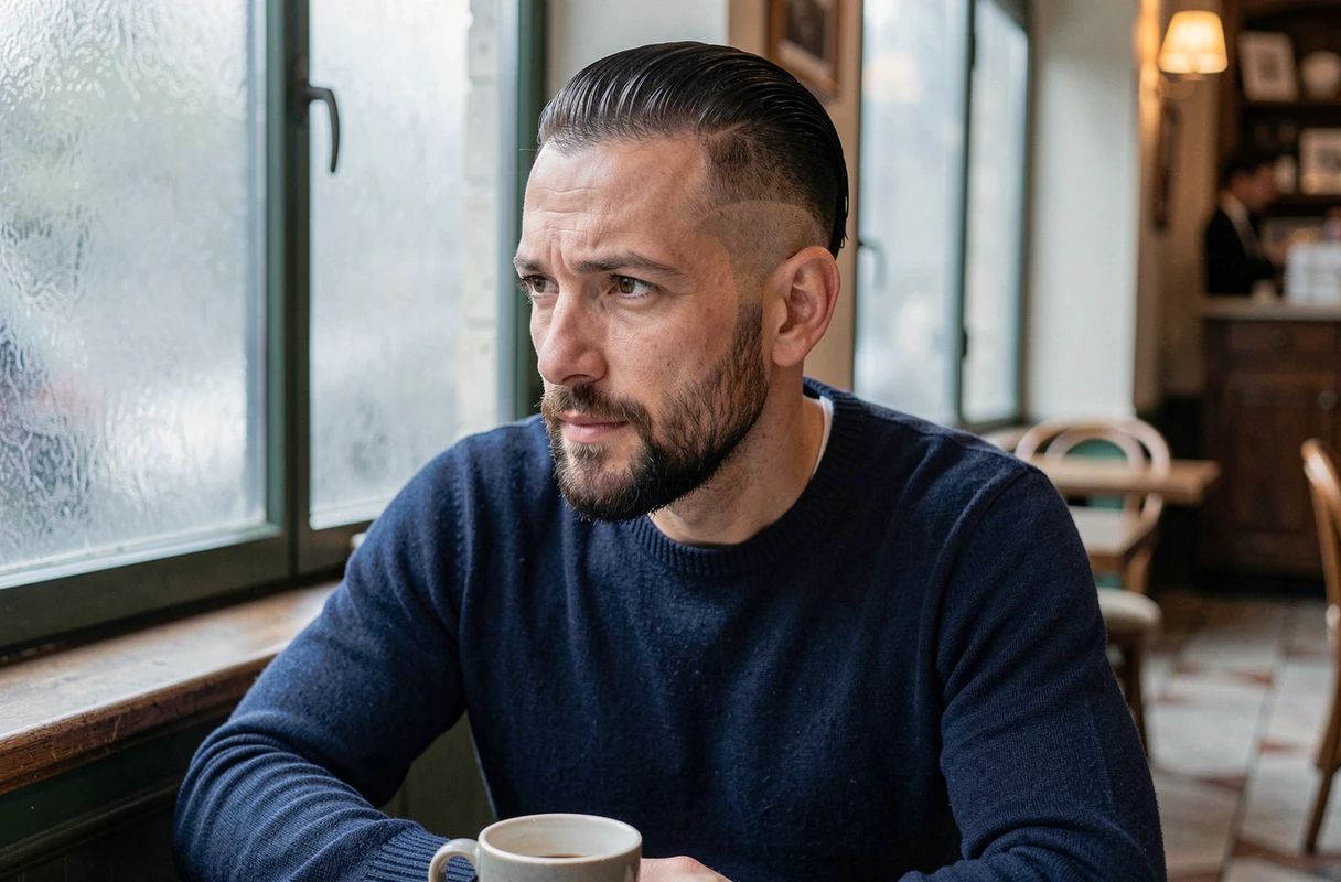 Homme aux cheveux fins lissés en arrière avec une barbe courte bien taillée assis dans un café parisien