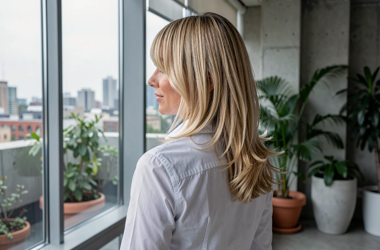 Coupe dégradée blonde mi-longue avec frange rideau vue de profil près d'une fenêtre urbaine