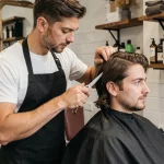 Coiffeur homme réalisant une coupe dégradée sur cheveux mi-longs dans un salon de coiffure moderne