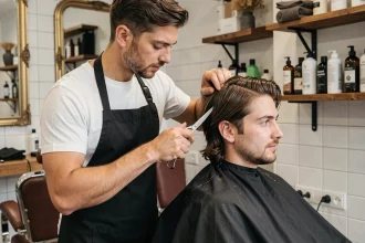Coiffeur homme réalisant une coupe dégradée sur cheveux mi-longs dans un salon de coiffure moderne