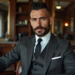 Homme avec coupe mafieux italien et barbe taillée assis dans un fauteuil de barbier traditionnel en costume trois pièces