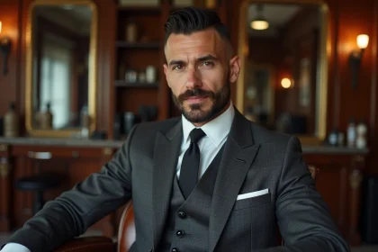 Homme avec coupe mafieux italien et barbe taillée assis dans un fauteuil de barbier traditionnel en costume trois pièces