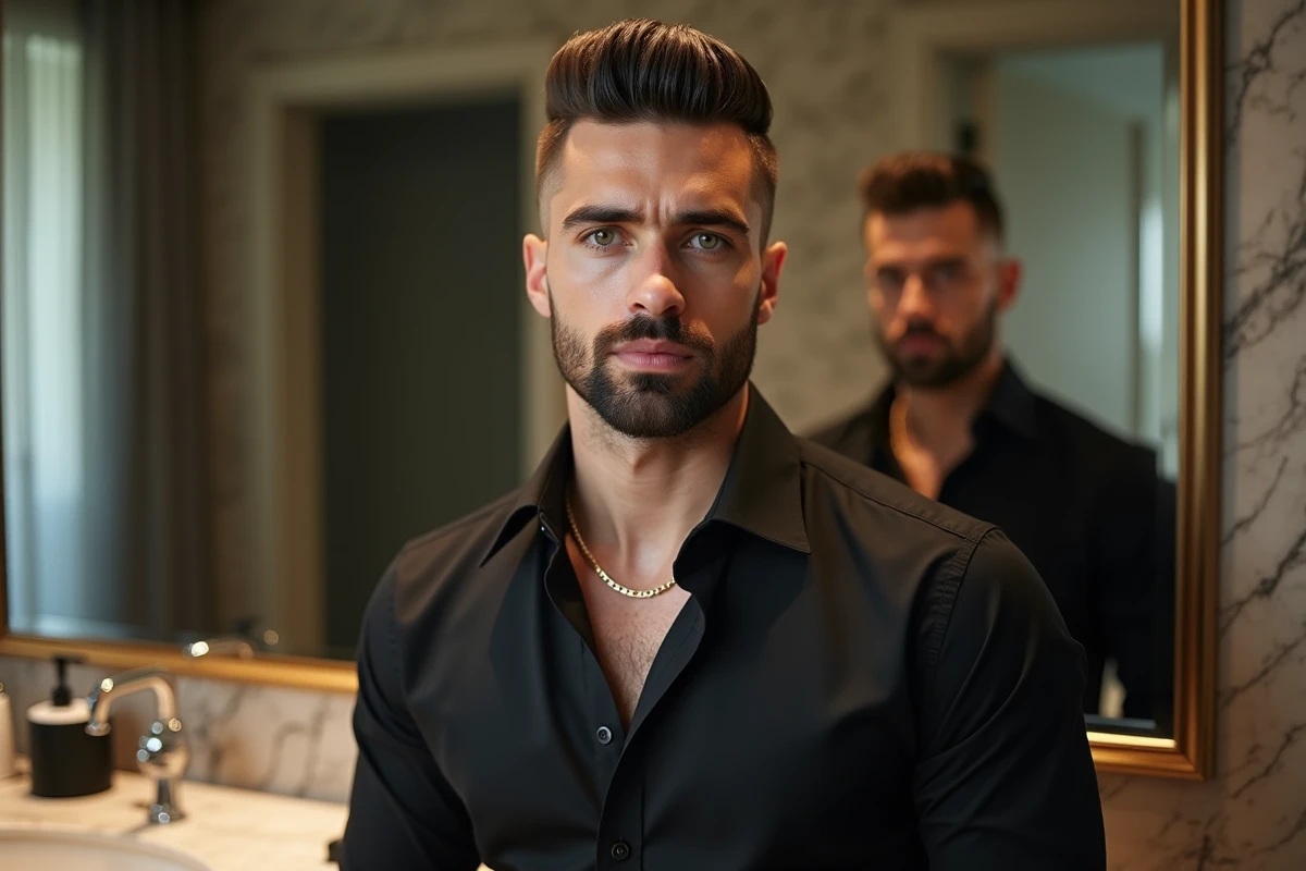 Jeune homme avec coupe mafieux et barbe taillée devant un miroir de salle de bain luxueuse en chemise noire