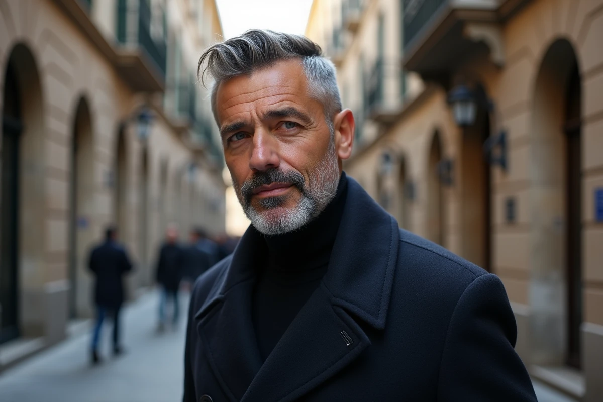 Homme élégant avec coupe italienne et barbe poivre et sel en manteau marine dans une rue pavée européenne