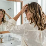 Femme aux cheveux mi-longs naturellement ondulés se coiffant facilement devant un miroir de salle de bain moderne