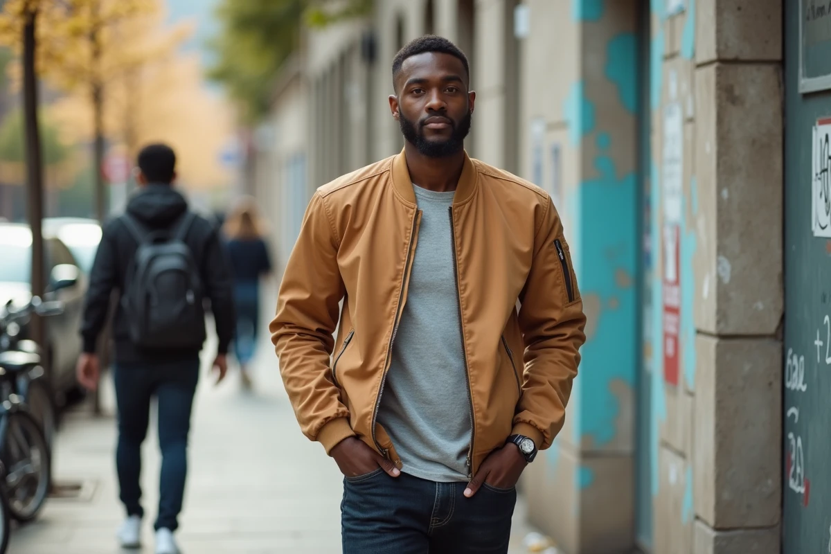 Jeune homme avec une coupe taper skin fade et barbe taillée, style urbain en extérieur