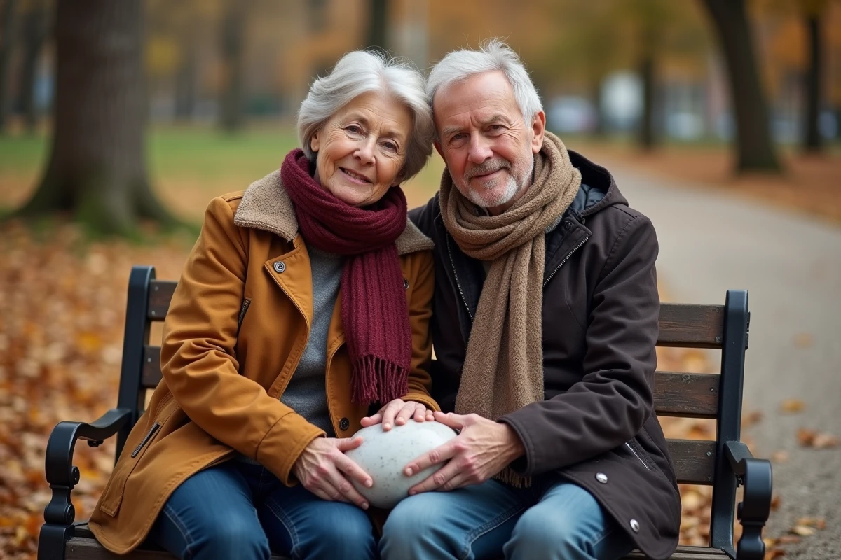 Couple d automne assis sur un banc avec une pierre de marbre blanche