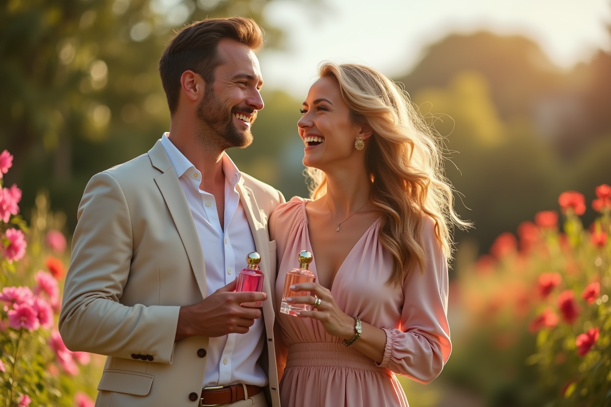 Couple souriant avec parfum dans un jardin ensoleille