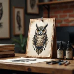 Croquis détaillé d'un tatouage hibou sur papier dans un studio de tatouage avec encres et outils artistiques
