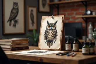 Croquis détaillé d'un tatouage hibou sur papier dans un studio de tatouage avec encres et outils artistiques