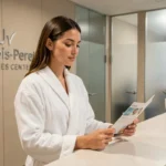 Jeune femme en robe de spa dans un salon de bronzage UV moderne à Levallois-Perret, lisant un guide d'initiation au bronzage artificiel