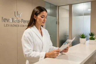 Jeune femme en robe de spa dans un salon de bronzage UV moderne à Levallois-Perret, lisant un guide d'initiation au bronzage artificiel