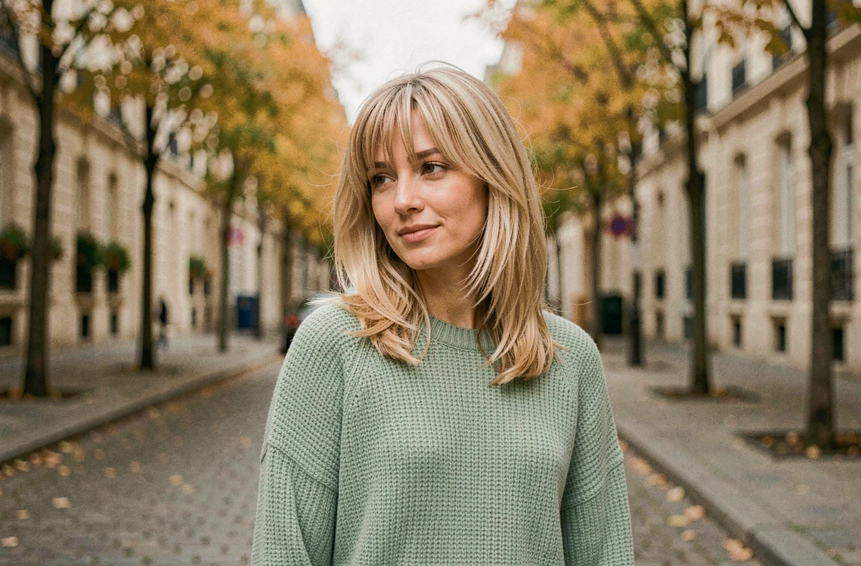 Femme blonde avec dégradé mi-long et frange rideau en plein air dans une rue parisienne en automne