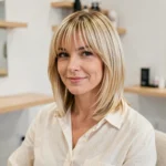 Femme avec dégradé coupe blonde mi-long et frange rideau dans un salon de coiffure moderne
