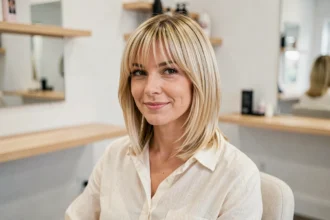 Femme avec dégradé coupe blonde mi-long et frange rideau dans un salon de coiffure moderne