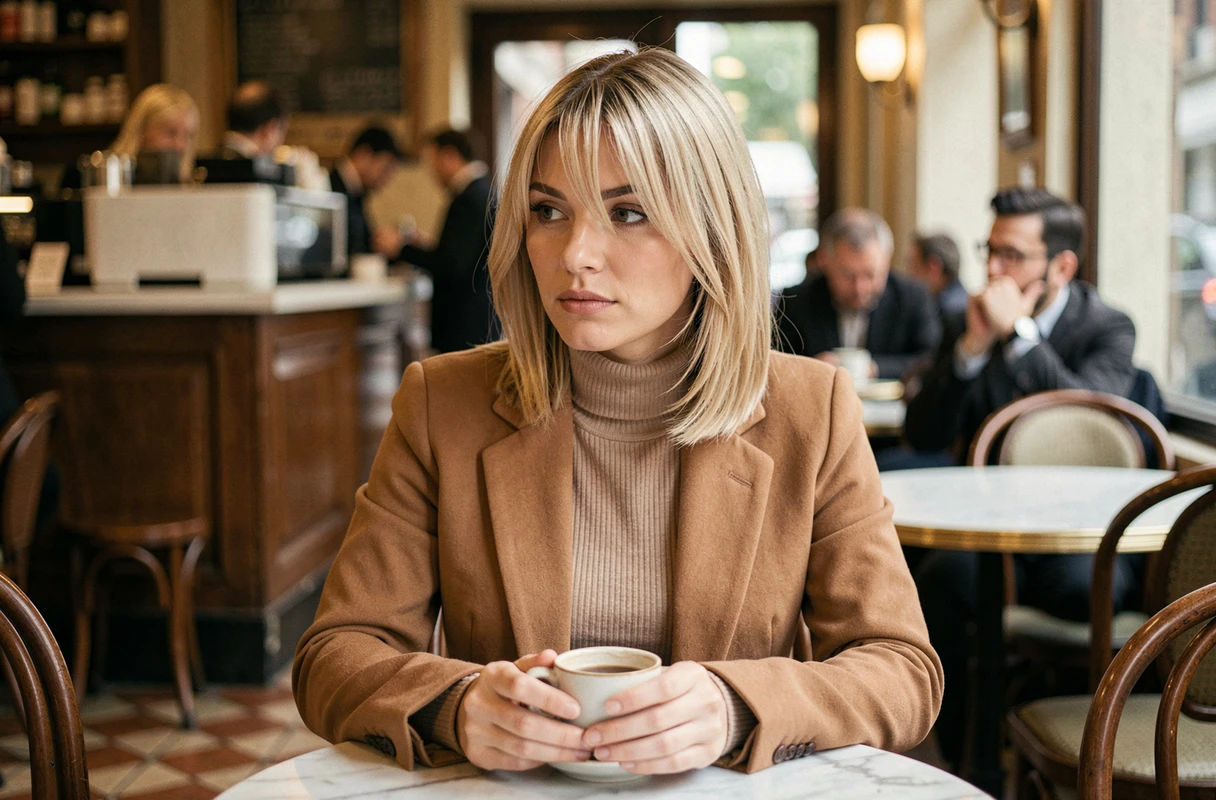 Femme avec dégradé mi-long blond et frange rideau attablée dans un café parisien cosy